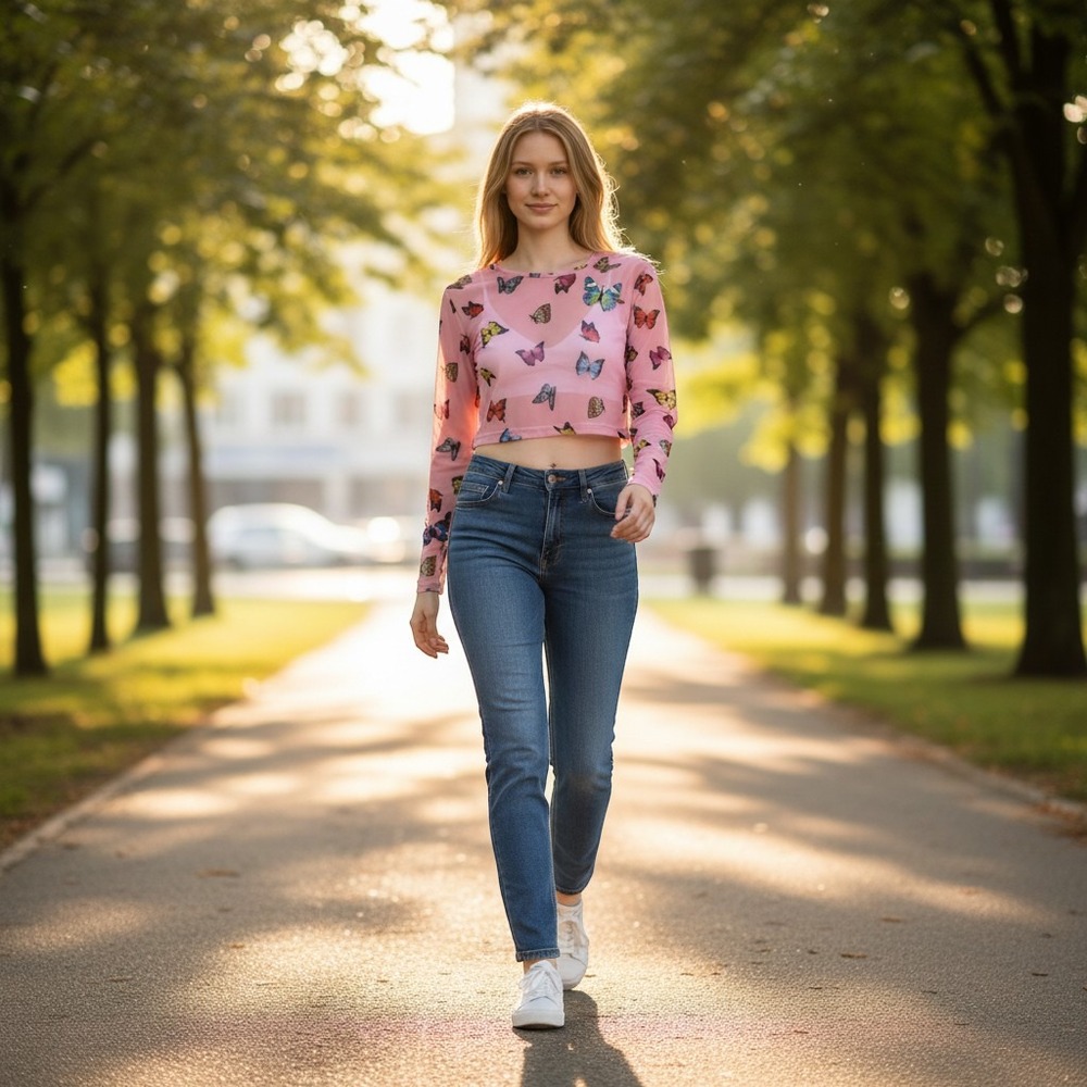 Modern Hero Pink Butterfly Mesh Crop Top 3D Applique Long Sleeve Small 4-8 NEW